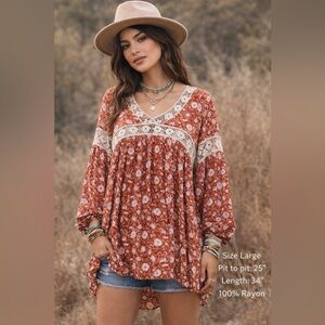 Forever 21 Boho Lace Trim Tunic Size L Rust Floral Flowy Rayon